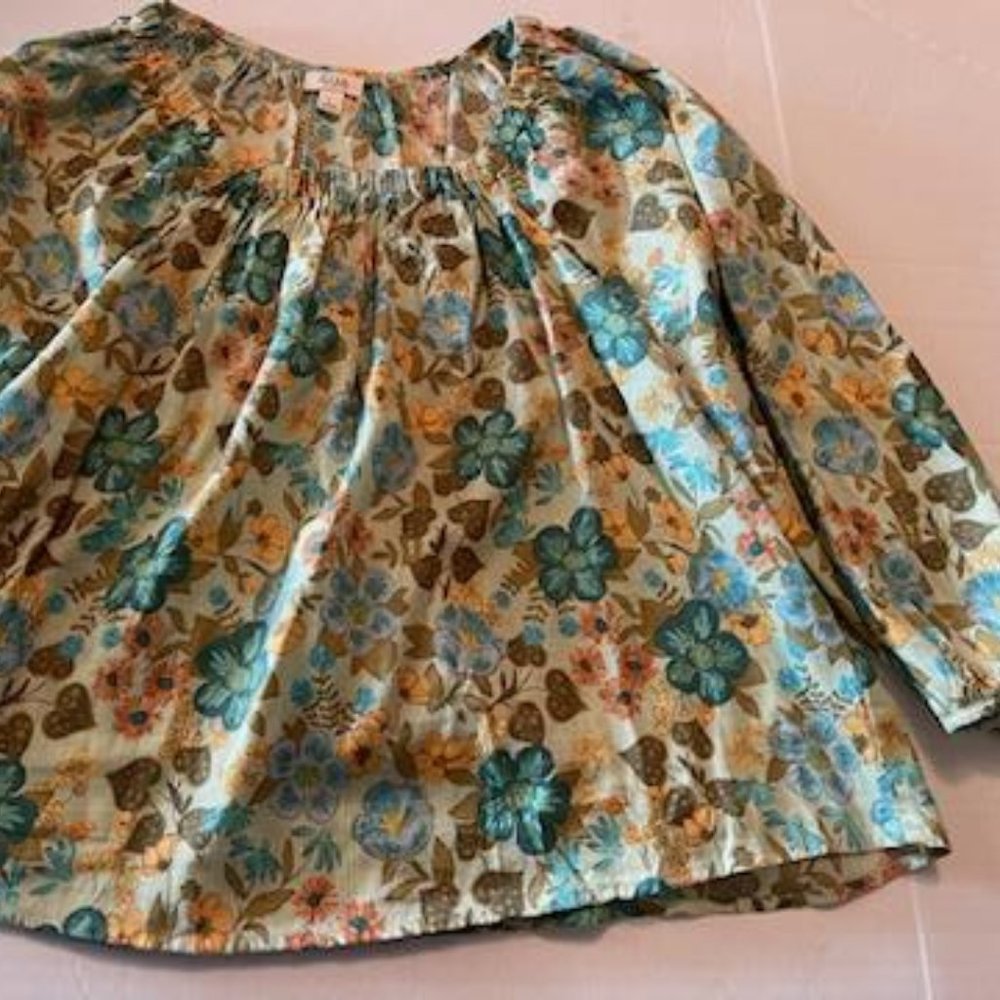 ANA Aqua Teal Tan blouse size L balloon sleeves 3/4 in length lightweight Summer